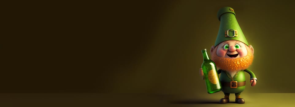 3D Render of Cheerful Leprechaun Man Holding Alcohol Bottle On Olive Green Background. St. Patrick's Day Concept. photo