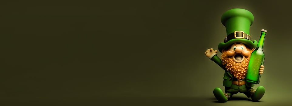 3D Render of Cheerful Leprechaun Man Holding Alcohol Bottle On Olive Green Background. St. Patrick's Day Concept. photo