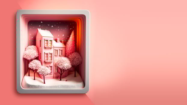 3D Render of Decorative Winter Diorama Square Frame With Residential Structure, Trees, Snow Falling. photo