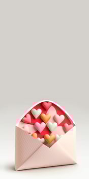 3D Render, Colorful Hearts Inside Envelope On Pastel Grey Background. photo