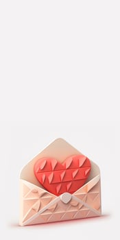 3D Render, Pastel Red Heart Inside Envelope In Geometric. photo
