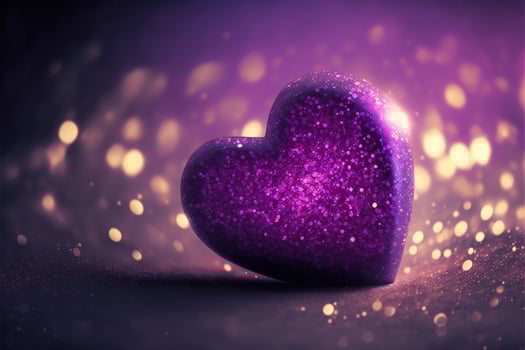 3D Render of Shiny Purple Glittery Heart Shape On Bokeh Lighting Background. Love Concept. photo