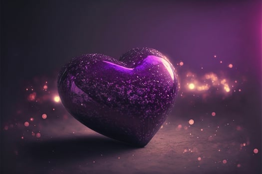 3D Render of Shiny Purple Glittery Heart Shape On Lighting Background. Love Concept. photo