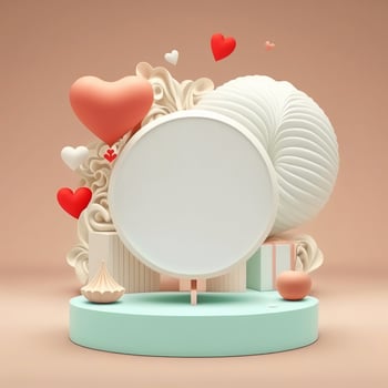 3D Render of Circular Frame Stand On Podium With Balloons And Abstract Objects. photo