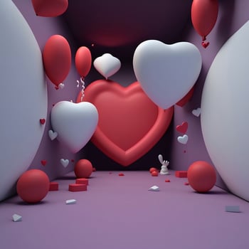 3D Render of Room Interior Decorative With Matte Heart and Balloons. photo