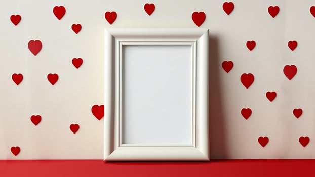 3D Render, Photo Frame With Image Placeholder Against Red Hearts Wall. Love Concept.
