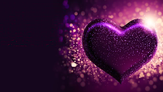 3D Render of Shiny Purple Glittery Heart Shape On Bokeh Lighting Background. Love Concept. photo