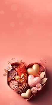 Valentine Day Gift Box Full Of Floral, Heart Shape, Chocolate. 3D Render. photo
