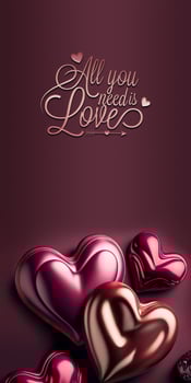 All You Need Is Love Text With 3D Render Glossy Colorful Heart Shapes. photo