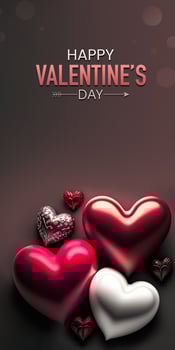 Happy Valentine's Day Text With Glossy Colorful Hearts Shapes On Charcoal Background. 3D Render. photo