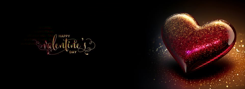 Happy Valentine's Day Text With 3D Render Of Shiny Glittery Heart Shape On Golden Lighting Background. photo