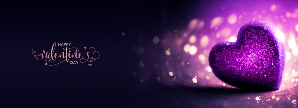Happy Valentine's Day Text With 3D Render Of Shiny Purple Glittery Heart Shape On Bokeh Lighting Background. photo