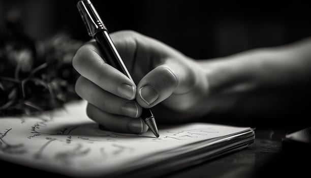 Handwriting on paper, pen and pencil working generated by AI photo