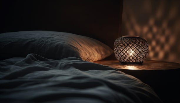 Comfortable bed in modern bedroom, softly illuminated generated by AI photo