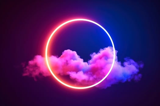 3d render, abstract cloud illuminated with neon light ring on dark night sky. Glowing geometric shape, round frame, generate ai photo