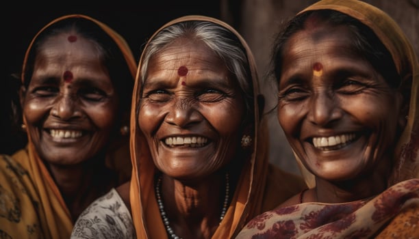 Smiling women and men bond in friendship generated by AI photo