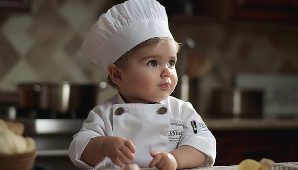 Cute Caucasian toddler boy cooking in domestic kitchen generated by AI photo