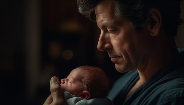 Father embracing newborn son, pure love bonding generated by AI photo