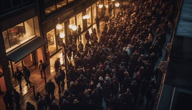 Large group walking through crowded city streets at night generated by AI photo