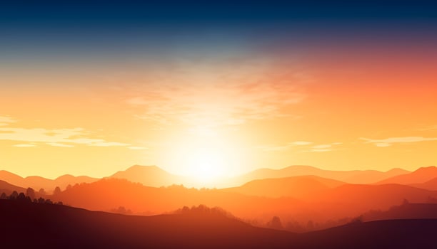 Sunrise over green forest with mountains and river background photo