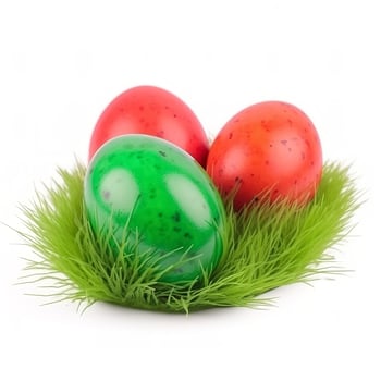 Easter eggs in green grass isolated on white background, generate ai photo