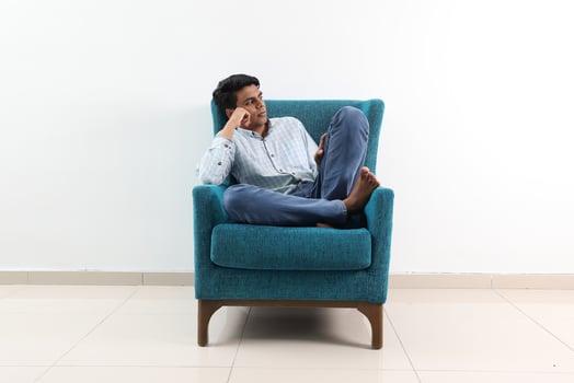 Southeast Asian young man special need medical down adhd autism syndrome sit pose look think work study emotion feelings photo