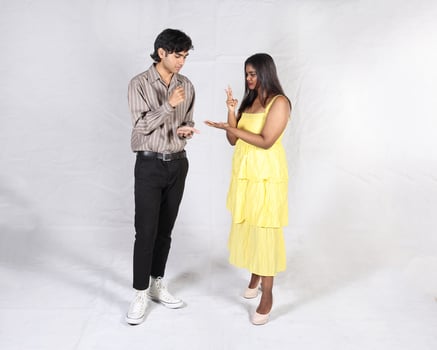 Young aisan man woman drama acting theatre student performing rehearsal expression pose photo