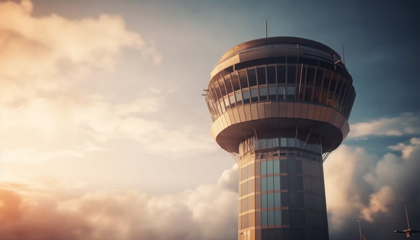 Flying high, modern travel architecture reflects sunset generated by AI photo