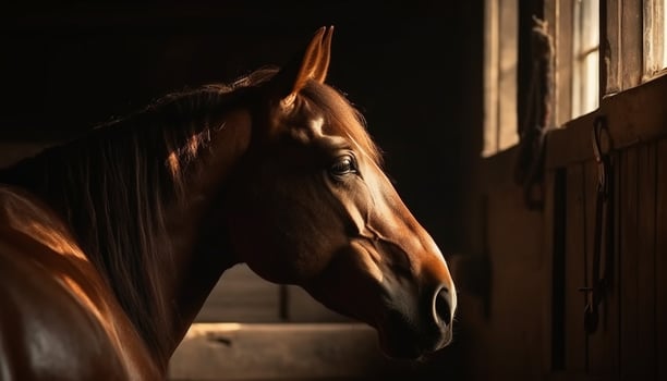 Majestic stallion in tranquil meadow at sunset generated by AI photo