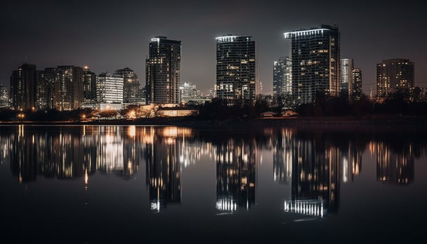 Glowing cityscape reflects on tranquil waterfront pond generated by AI photo