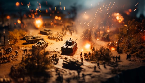 Armed forces battle in the fiery dusk generated by AI photo