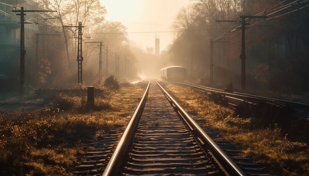 Steel locomotive speeds through vanishing point fog generated by AI photo
