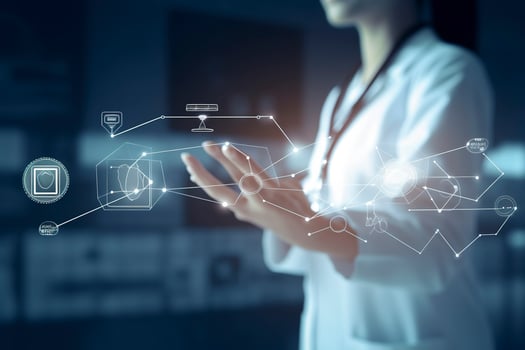 Medicine doctor and stethoscope in hand touching icon medical network connection with modern virtual screen interface, medical technology network concept, generate ai photo
