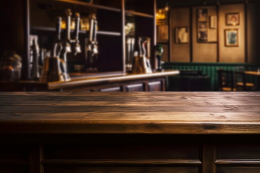 Pub bar counter with wooden table background, generate ai photo