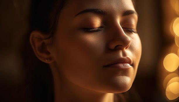 Young woman serene smile in nature beauty generated by AI photo