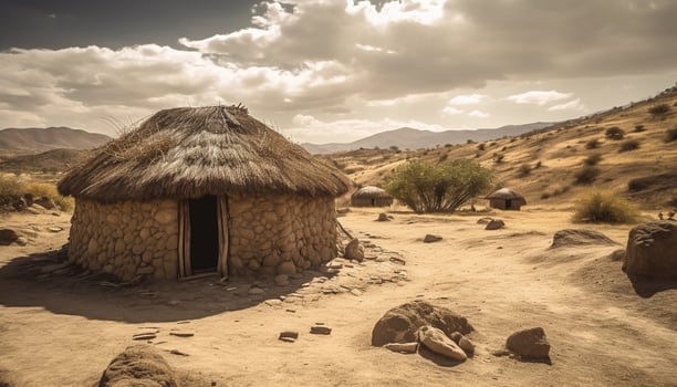 African hut on arid mountain landscape, abandoned generated by AI photo