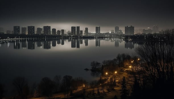 Illuminated city skyline reflects on tranquil water generated by AI photo