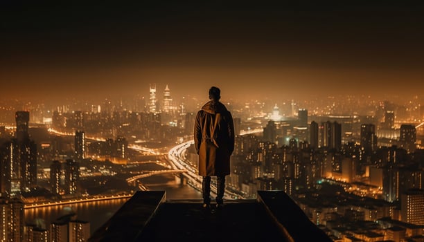 Young businessman standing on skyscraper roof, success generated by AI photo
