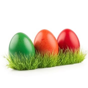 Easter eggs in green grass isolated on white background, generate ai photo