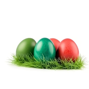 Easter eggs in green grass isolated on white background, generate ai photo