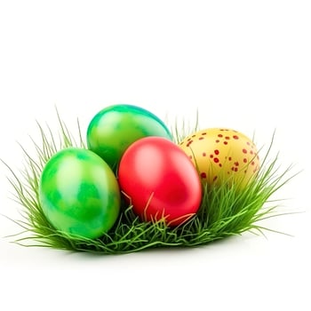 Easter eggs in green grass isolated on white background, generate ai photo