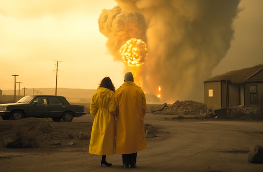 Post apocalypse. Nuclear apocalypse survivor. Ruined Cityscape. Concept, generate ai photo