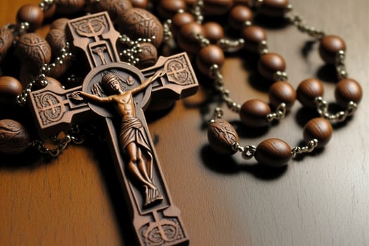 Handmade Traditional maple hard Wooden Catholic Rosary Prayer Beads Virgin Mary saint Benedict Jesus crucifix, generate ai photo