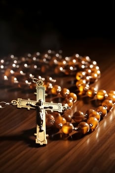 Handmade Traditional maple hard Wooden Catholic Rosary Prayer Beads Virgin Mary saint Benedict Jesus crucifix, generate ai photo