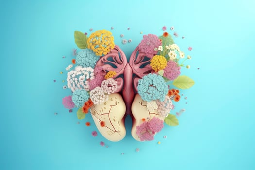 Human liver with flowers, pastel colors, on blue background, 3d render and illustration, generate ai photo