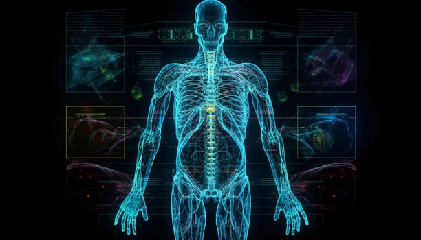 Artificial intelligence, a humanoid cyber human with a neural network thinks. AI concept of big data or cyber security. Chat GPT concept. AI with a digital brain processes big data. photo