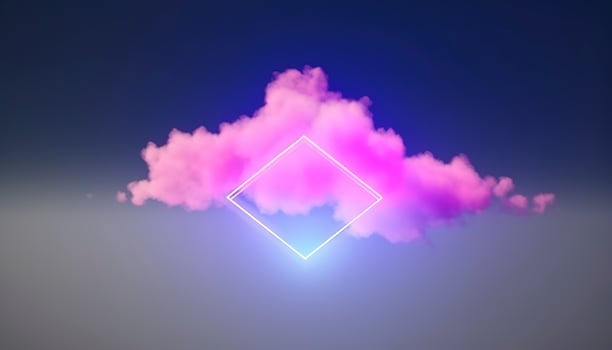3d render, abstract minimal background with pink blue yellow neon light square frame with copy space, illuminated stormy clouds, glowing geometric shape, generate ai photo