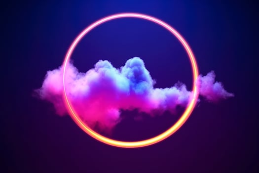 3d render, abstract cloud illuminated with neon light ring on dark night sky. Glowing geometric shape, round frame, generate ai photo