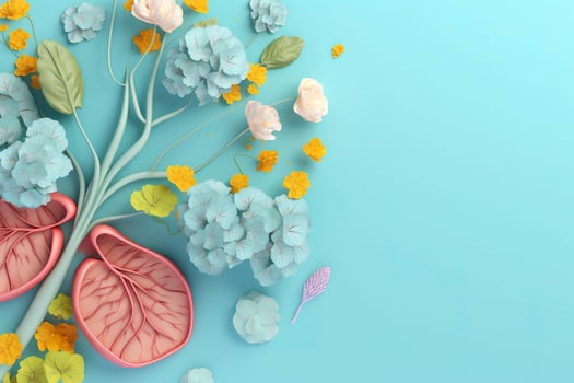 Human liver with flowers, pastel colors, on blue background, 3d render and illustration, generate ai photo