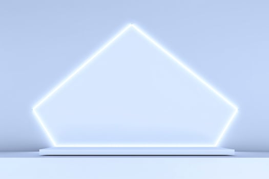 Realistic podium display with neon white lights, Product display background with light frame, White prodium product display with light effect, neon lights background, generate ai photo